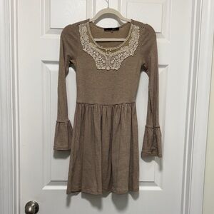 Striped Brown Dress with Lace Detail